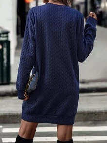 SHEIN LUNE Solid Cable Textured Sweatshirt Dress - Navy Blue - View 2