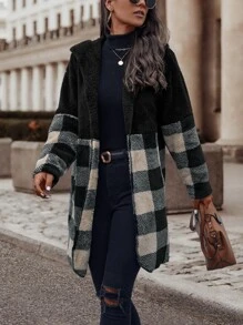 SHEIN LUNE Abrigo con estampado de cuadros con capucha de franela - Multicolor - Ver 3