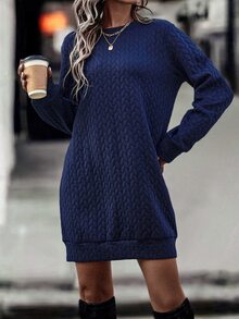 SHEIN LUNE Solid Cable Textured Sweatshirt Dress - Navy Blue - View 3