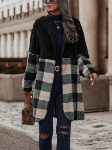 SHEIN LUNE Abrigo con estampado de cuadros con capucha de franela - Multicolor - Ver 4