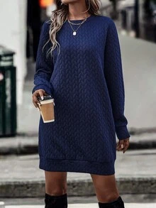 SHEIN LUNE Solid Cable Textured Sweatshirt Dress - Navy Blue - View 5