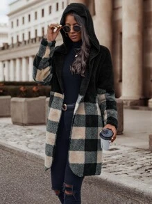 SHEIN LUNE Abrigo con estampado de cuadros con capucha de franela - Multicolor - Ver 6