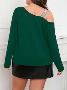 SHEIN Unity 加上波尔卡圆点和星星印花不对称领口 T 恤图案 T 恤女式上衣 - 墨綠色 - 查看 2