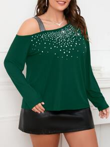 SHEIN Unity 加上波尔卡圆点和星星印花不对称领口 T 恤图案 T 恤女式上衣 - 墨綠色 - 查看 5