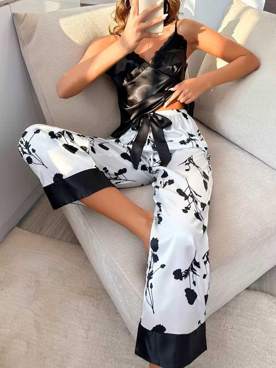 LuxeNights Floral Print Lace Trim Satin PJ Set / Pajama Set - Black and White - View 1