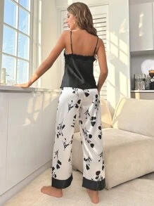 LuxeNights Floral Print Lace Trim Satin PJ Set / Pajama Set - Black and White - View 2
