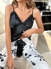 LuxeNights Floral Print Lace Trim Satin PJ Set / Pajama Set - Black and White - View 6