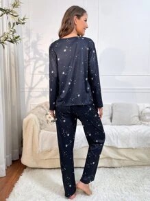 Galaxy Print Knot Front PJ Set / Pajama Set, Fall Clothes - Black - View 2
