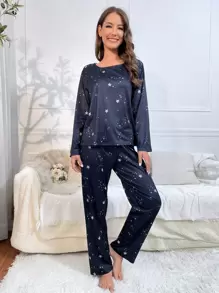 Galaxy Print Knot Front PJ Set / Pajama Set, Fall Clothes - Black - View 4