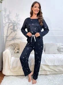 Galaxy Print Knot Front PJ Set / Pajama Set, Fall Clothes - Black - View 6
