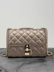 Metallic Quilted Flap Chain Square Bag - Champagne - View 1