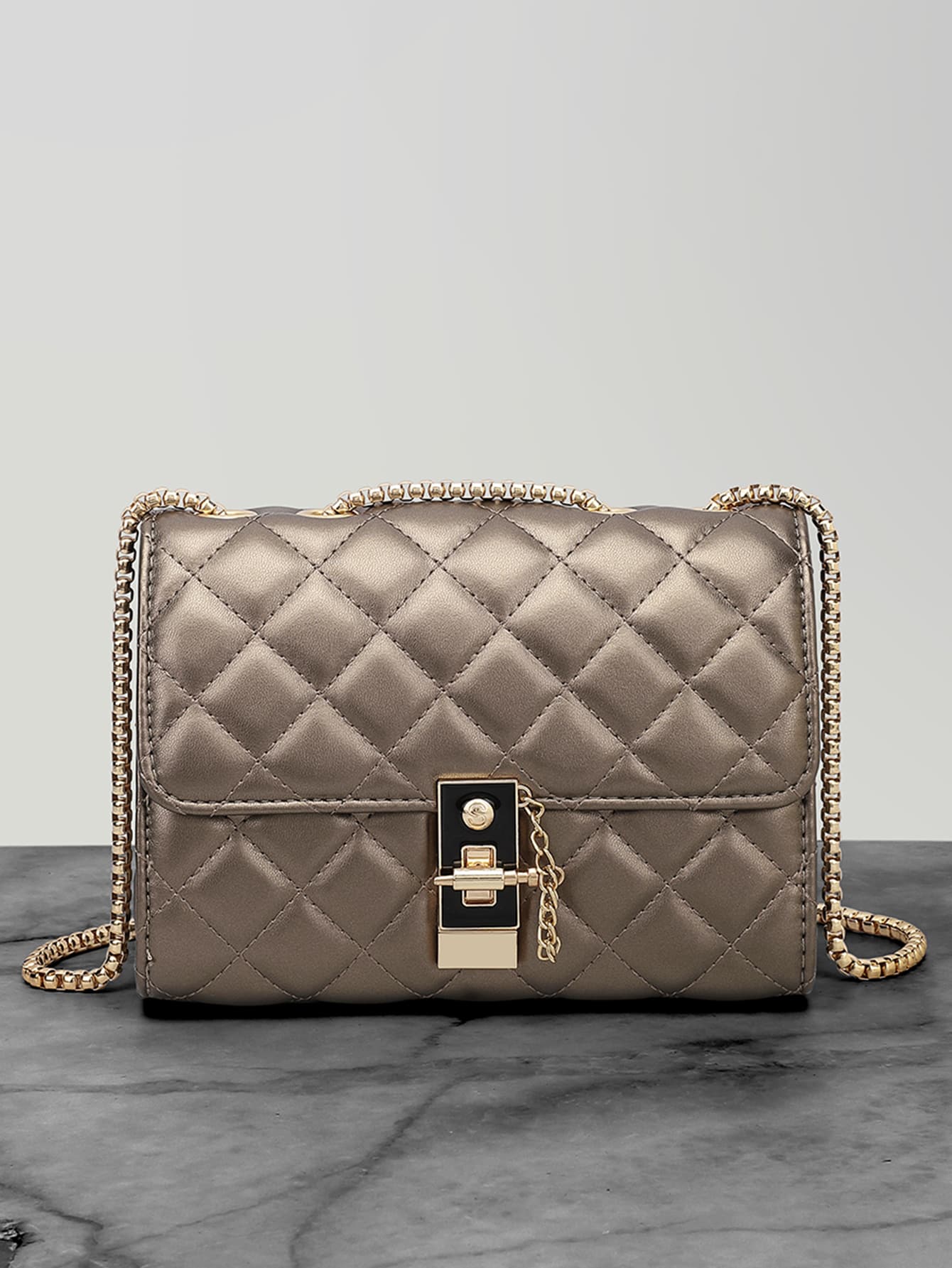 Metallic Quilted Flap Chain Square Bag - Champagne - View 1