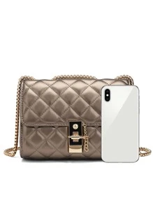 Metallic Quilted Flap Chain Square Bag - Champagne - View 4