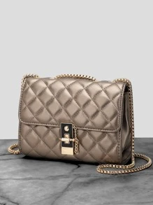 Metallic Quilted Flap Chain Square Bag - Champagne - View 5