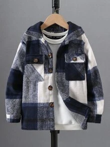 SHEIN Abrigo de franela con bolsillo con solapa y estampado de cuadros para niño preadolescente, sin sudadera