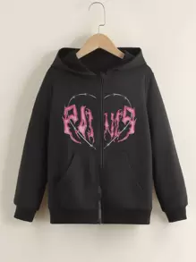 SHEIN 少女心形印花拉链卫衣 - 黑色 - 查看 1