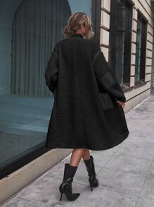 SHEIN LUNE Drop Shoulder Pocket Patched Flannel Coat - Black - View 2