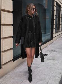 SHEIN LUNE Drop Shoulder Pocket Patched Flannel Coat - Black - View 3