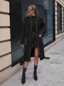 SHEIN LUNE Drop Shoulder Pocket Patched Flannel Coat - Black - View 4