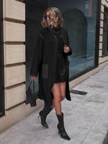 SHEIN LUNE Drop Shoulder Pocket Patched Flannel Coat - Black - View 5