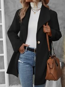 SHEIN LUNE Single Button Slant Pocket Overcoat,Ladies Late Fall Casual Button,Pocket Regular Sleeve Waterfall Regular Fit Black Plain Women Overcoats,Casual Daily Wear - Black - View 1