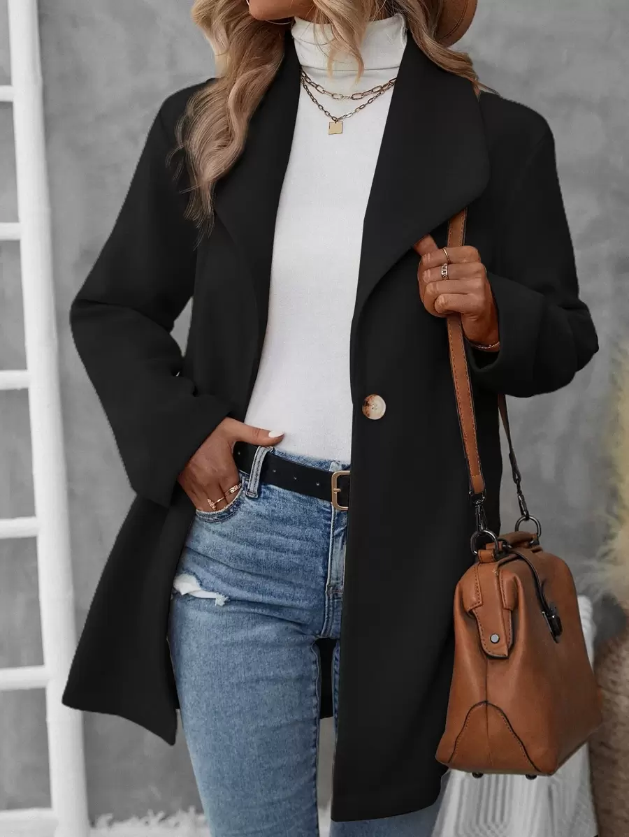 SHEIN LUNE Single Button Slant Pocket Overcoat,Ladies Late Fall Casual Button,Pocket Regular Sleeve Waterfall Regular Fit Black Plain Women Overcoats,Casual Daily Wear - Black - View 1