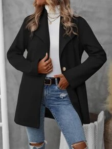 SHEIN LUNE Single Button Slant Pocket Overcoat,Ladies Late Fall Casual Button,Pocket Regular Sleeve Waterfall Regular Fit Black Plain Women Overcoats,Casual Daily Wear - Black - View 4