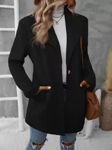 SHEIN LUNE Single Button Slant Pocket Overcoat,Ladies Late Fall Casual Button,Pocket Regular Sleeve Waterfall Regular Fit Black Plain Women Overcoats,Casual Daily Wear - Black - View 6