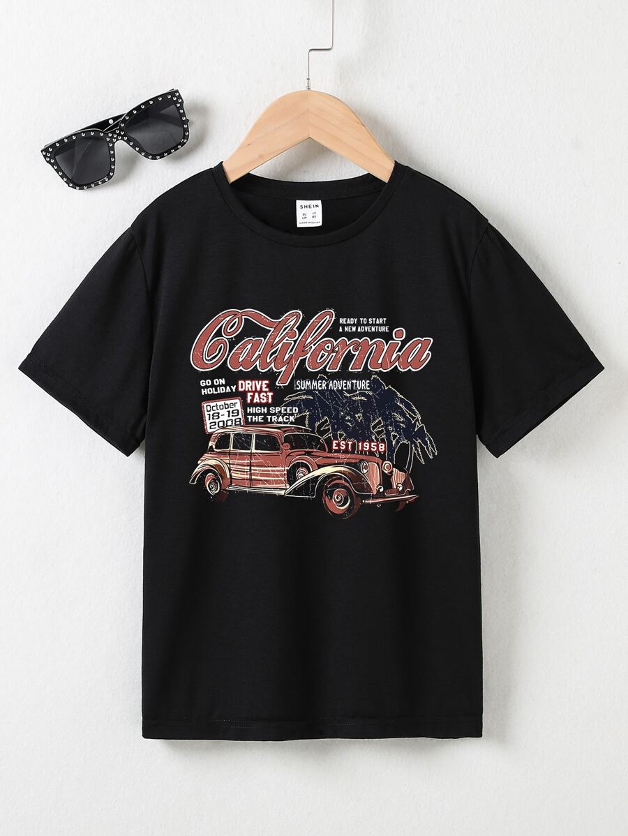 SHEIN Boys 1pc Car & Slogan Graphic Tee - Black - View 1