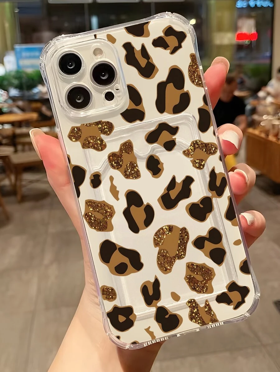 1pc Leopard Print Colorful Painting Phone Case With Card Slot Compatible With iPhone - Multicolor - View 1