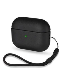 黑色皮革纹理挂绳保护 TPU 外壳，带表带，适用于 Apple 系列蓝牙耳机 - 黑色 - 查看 1