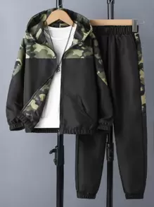 Boys Camo Print Zip Up Hooded Jacket & Trousers Without Tee - Multicolor - View 1