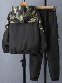Boys Camo Print Zip Up Hooded Jacket & Trousers Without Tee - Multicolor - View 2