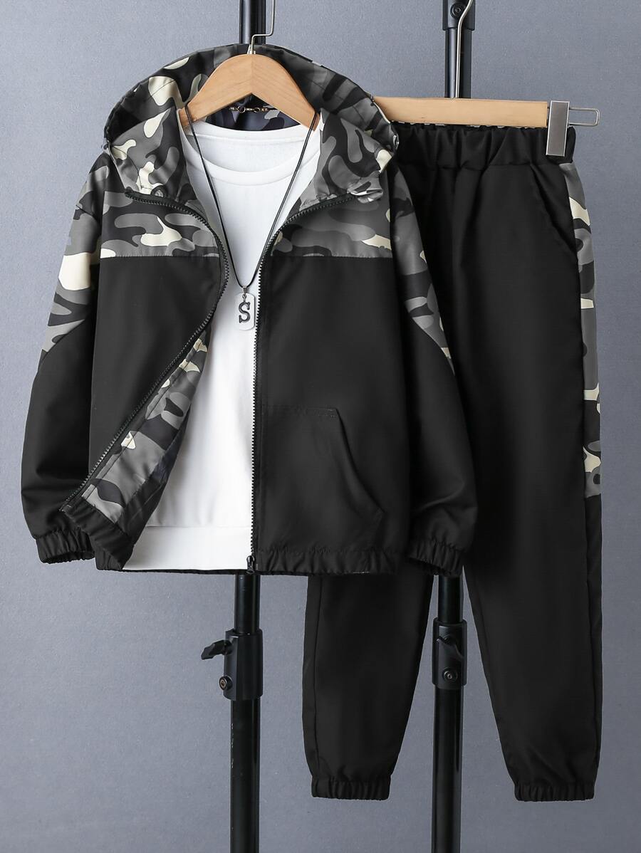 Boys Camo Print Hooded Jacket & Trousers Without Tee - Black - View 1