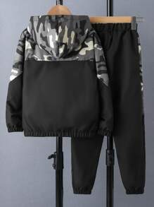 Boys Camo Print Hooded Jacket & Trousers Without Tee - Black - View 2