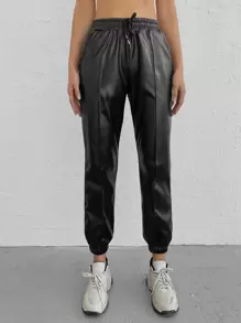 RueChic Drawstring Waist PU Trousers - Black - View 4