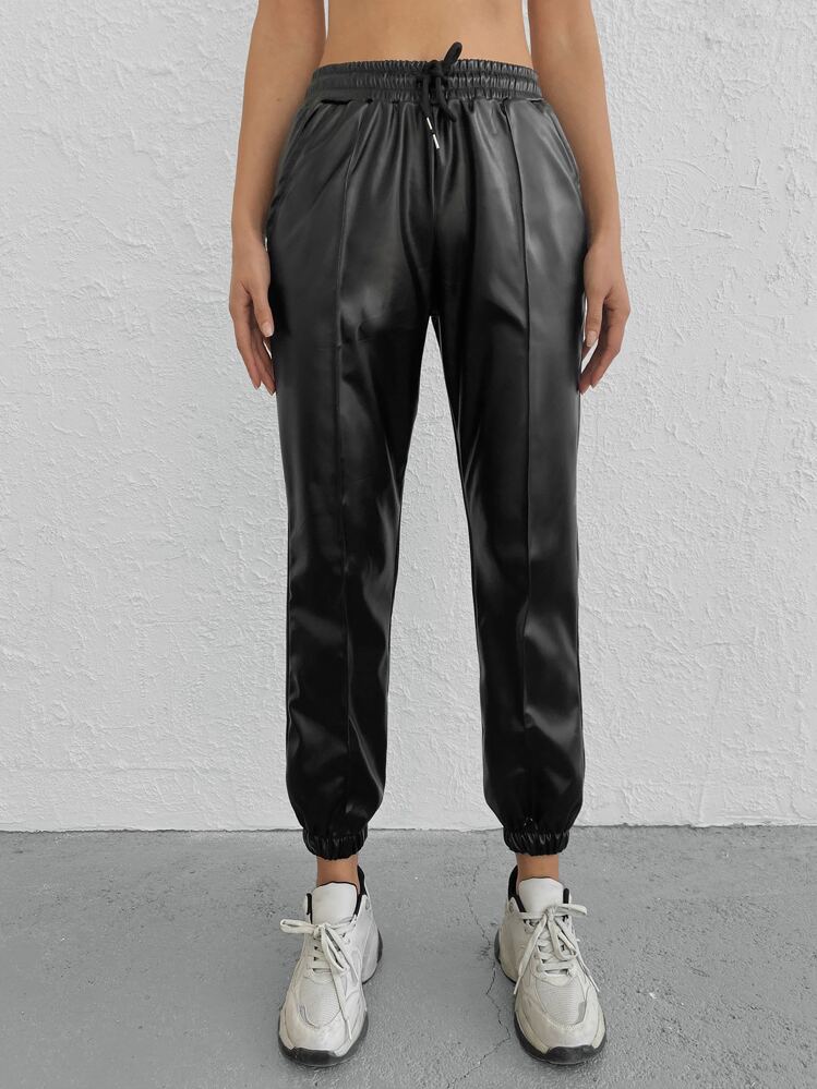 Cloudara Drawstring Waist PU Trousers - Black - View 4