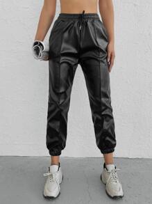 RueChic Drawstring Waist PU Trousers - Black - View 5