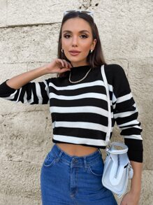 EURMUSE Striped Pattern Drop Shoulder Sweater - Black and White - View 3