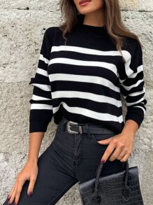 EURMUSE Striped Pattern Drop Shoulder Sweater - Black and White - View 5