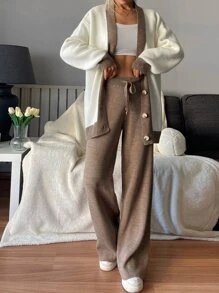 EURMUSE Drop Shoulder Contrast Binding Cardigan & Drawstring Waist Knit Trousers - Multicolor - View 1