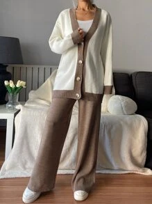 EURMUSE Drop Shoulder Contrast Binding Cardigan & Drawstring Waist Knit Trousers - Multicolor - View 3