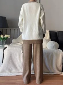 EURMUSE Drop Shoulder Contrast Binding Cardigan & Drawstring Waist Knit Trousers - Multicolor - View 4