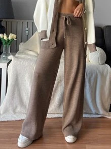 EURMUSE Drop Shoulder Contrast Binding Cardigan & Drawstring Waist Knit Trousers - Multicolor - View 5