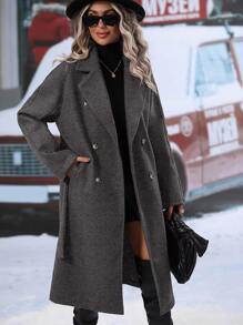 SHEIN Clasi Lapel Neck Double Breasted Belted Overcoat Fall Winter Cloth For Women - Dark Grey - View 6