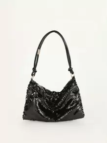 1入組黑色亮片 PU 手拿包，帶拉鍊和鏈條手柄，適合派對、婚禮或聚會