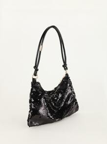 1入組黑色亮片 PU 手拿包，帶拉鍊和鏈條手柄，適合派對、婚禮或聚會