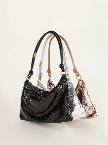 1入組黑色亮片 PU 手拿包，帶拉鍊和鏈條手柄，適合派對、婚禮或聚會