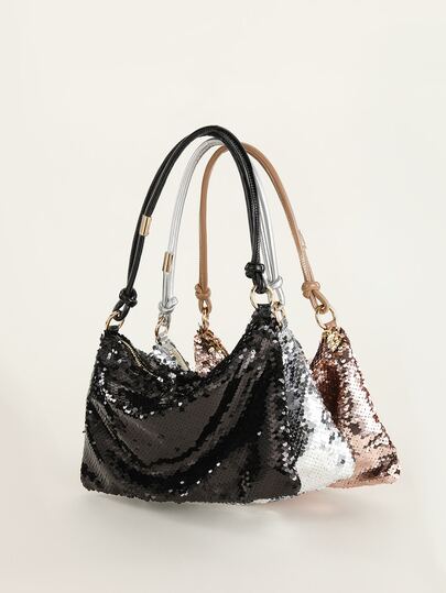 1入組黑色亮片 PU 手拿包，帶拉鍊和鏈條手柄，適合派對、婚禮或聚會