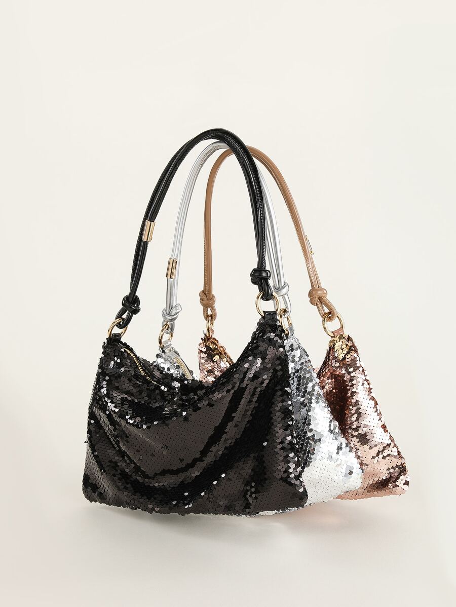 1入組黑色亮片 PU 手拿包，帶拉鍊和鏈條手柄，適合派對、婚禮或聚會